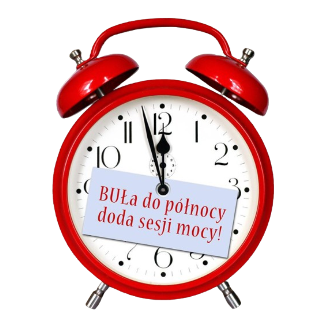 Czerwony budzik, na tarczy nazwa akcji "BUŁa do północy"