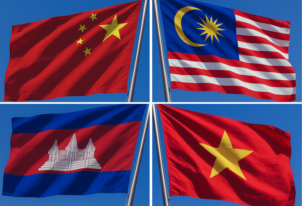 W lewym górnym rogu flaga Chin, w lewym dolnym rogu flaga Kambodży, w prawym górnym rogu flaga Malezji, a w prawym dolnym rogu flaga Wietnamu