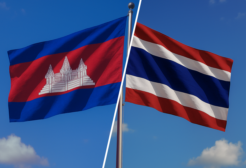 Po lewej stronie flaga Kambodży, a po prawej stronie flaga Tajlandii