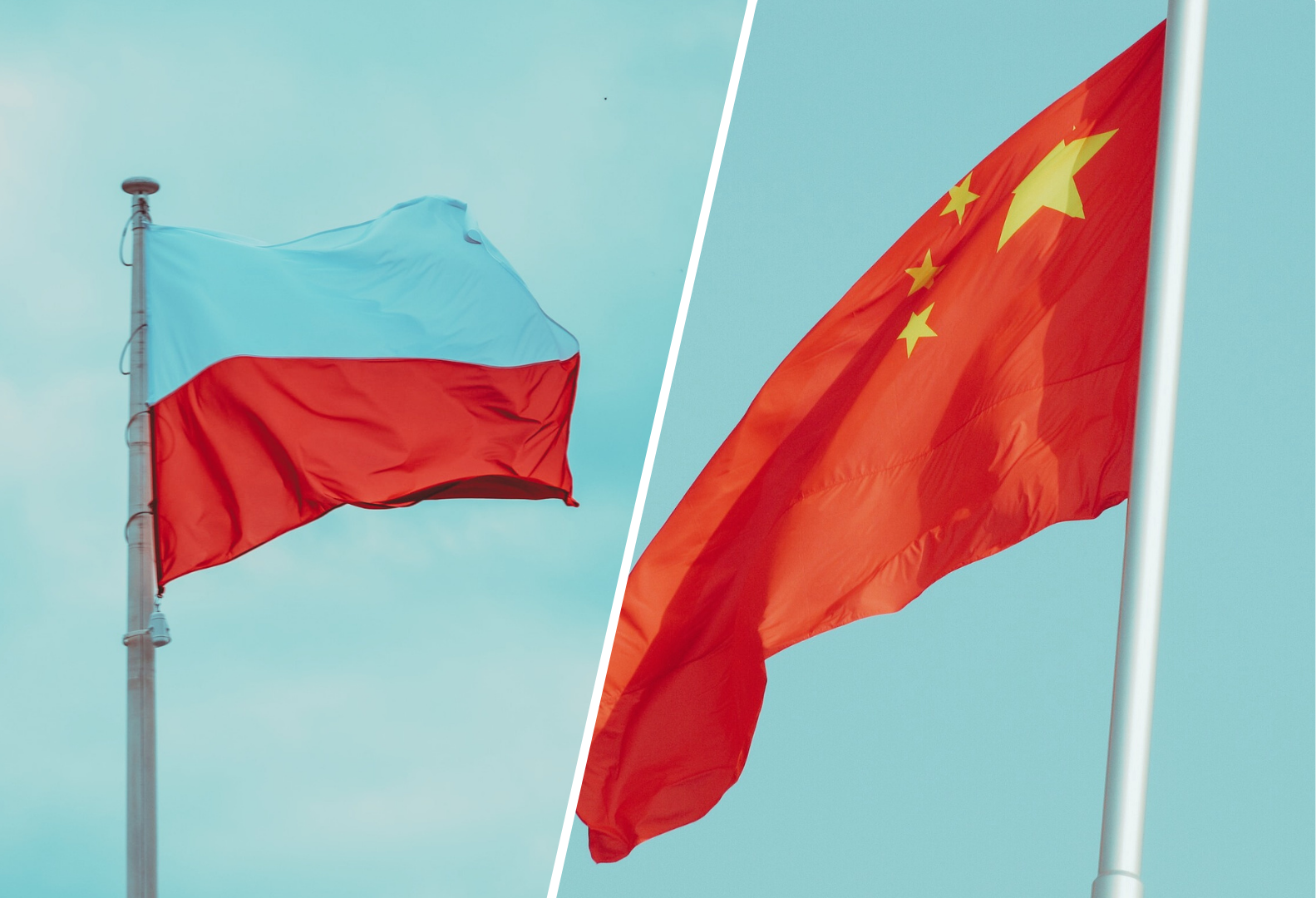 Po lewej stronie flaga Polski a po prawej stronie flaga Chin/On the left side there is the Polish flag and on the right side there is the flag of China/