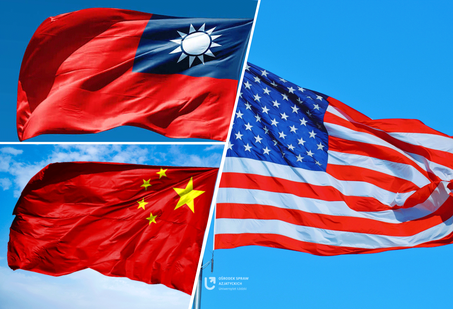 W lewym górnym rogu flaga Tajwanu, w lewym dolnym rogu flaga Chin, a po prawej stronie flaga USA