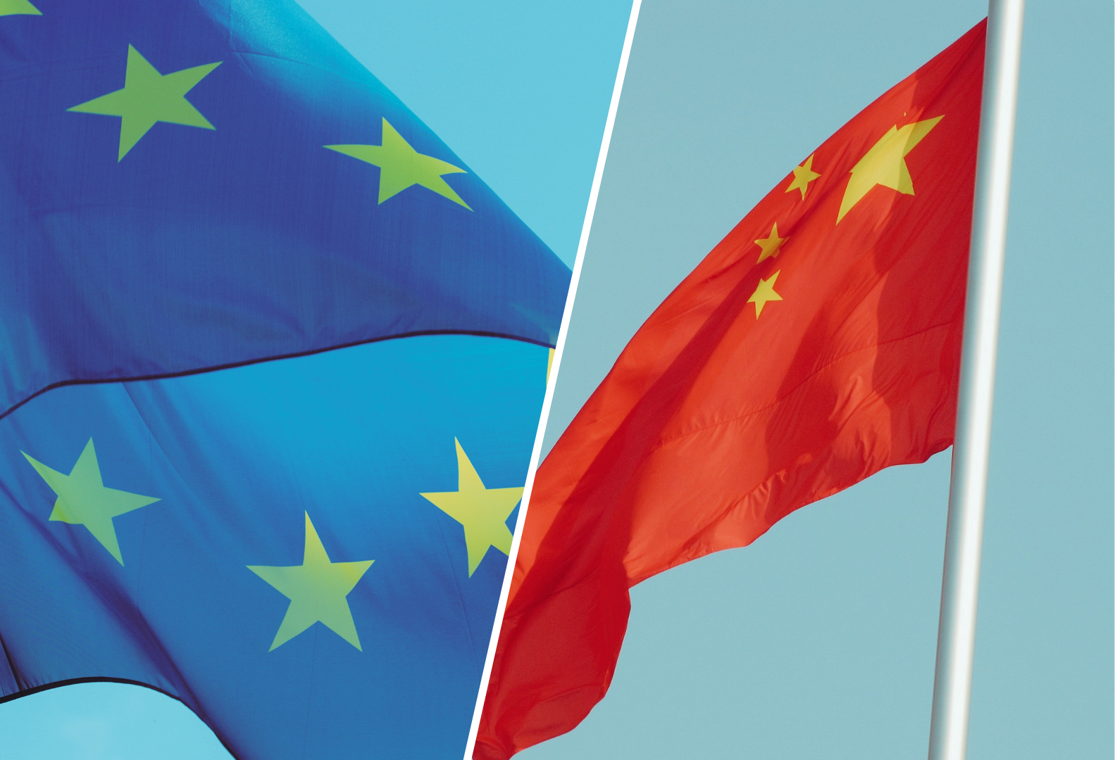 Po lewej stronie flaga Unii Europejskiej a po prawej stronie flaga Chin