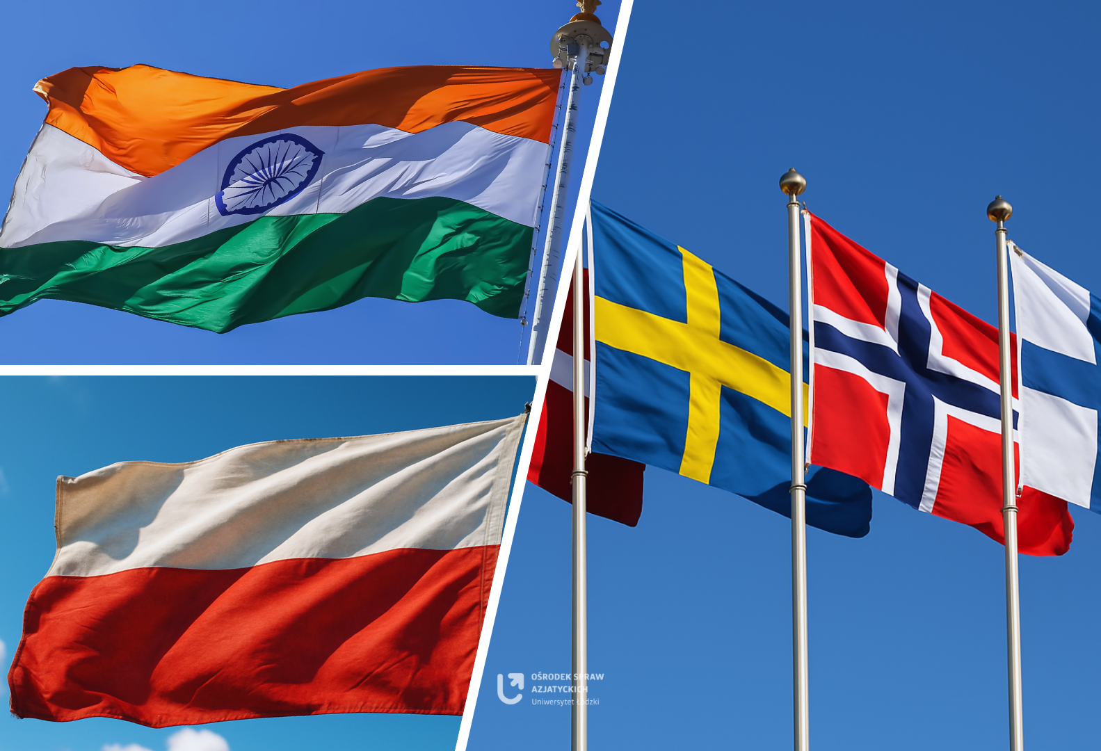 W lewym górnym rogu flaga Indii, w lewym dolnym rogu flaga Polski, a po prawej stronie flagi państw skandynawskich