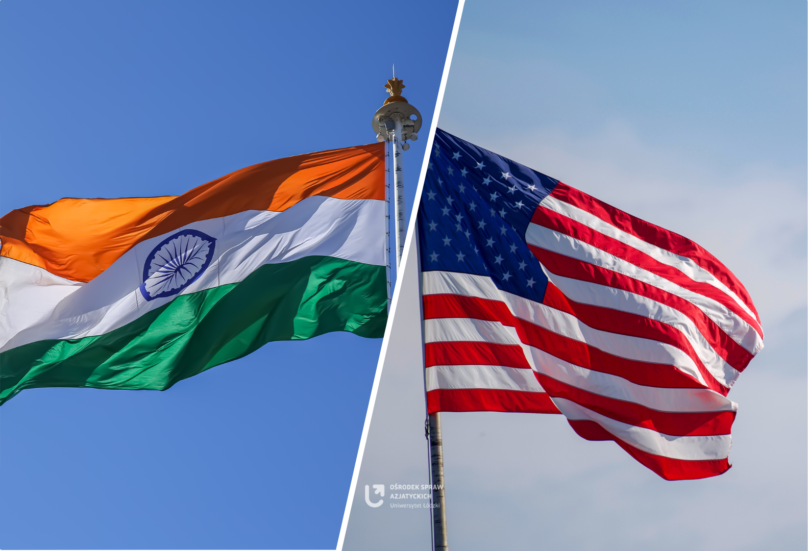 Po lewej stronie flaga Indii, a po prawej flaga USA