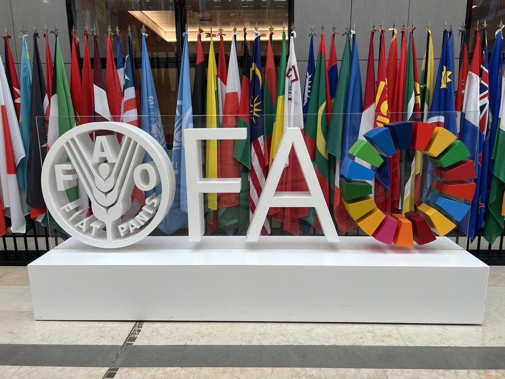 Miniatura logo FAO na tle państw członkowskich w siedzibie FAO w Rzymie