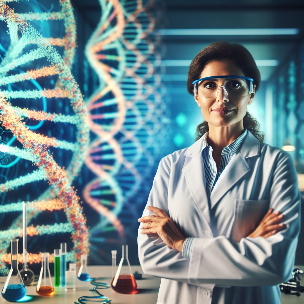 Kobieta naukowiec w laboratorium na pierwszym planie, w tle nić DNA