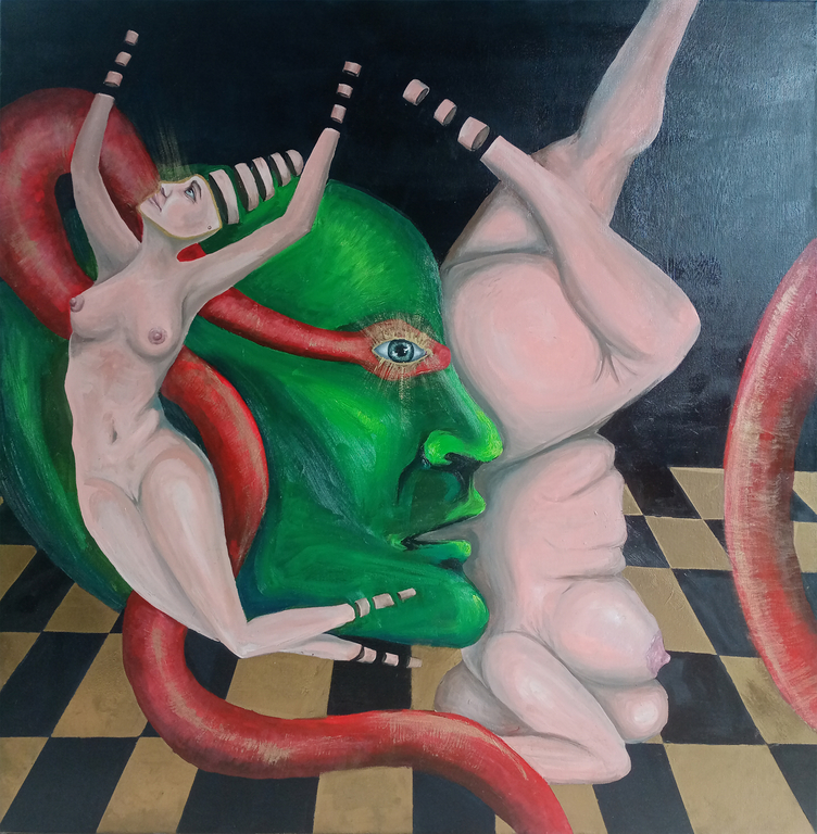 Zdjęcie obrazu malowanego techniką akrylowo-olejną na płótnie. Na zdjęciu widoczne są dwie różne kobiece sylwetki, pomiędzy nimi sporej wielkości, toksycznie zielona głowa, spleciona czerwonym wężem z ludzkim okiem na głowie. Cała kompozycja umieszczona w bliżej nieokreślonej przestrzeni ze złotymi kafelkami w kratkę na podłodze.