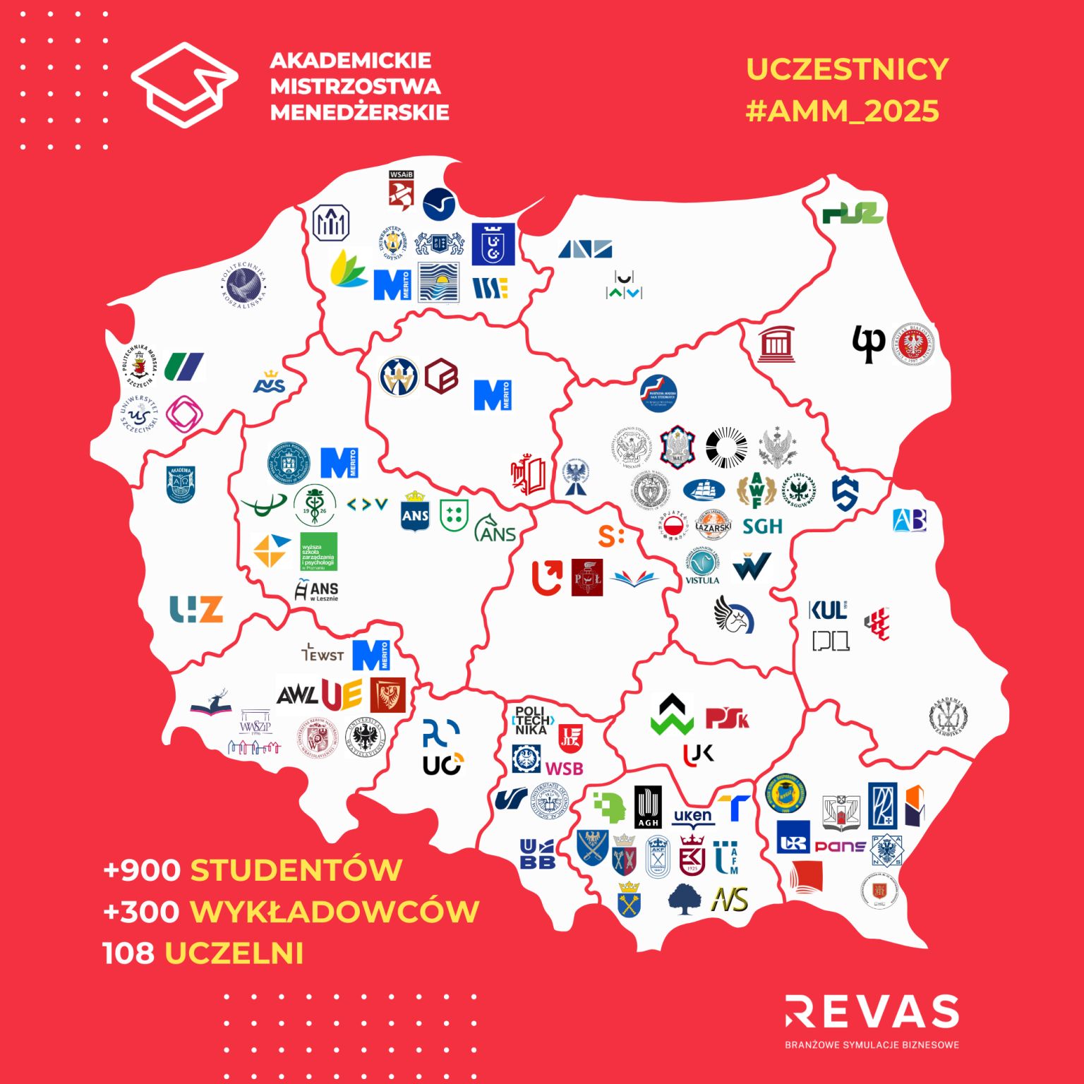 mapa Polski z logotypami uczelni, które zakwalifikowały się do Mistrzostw