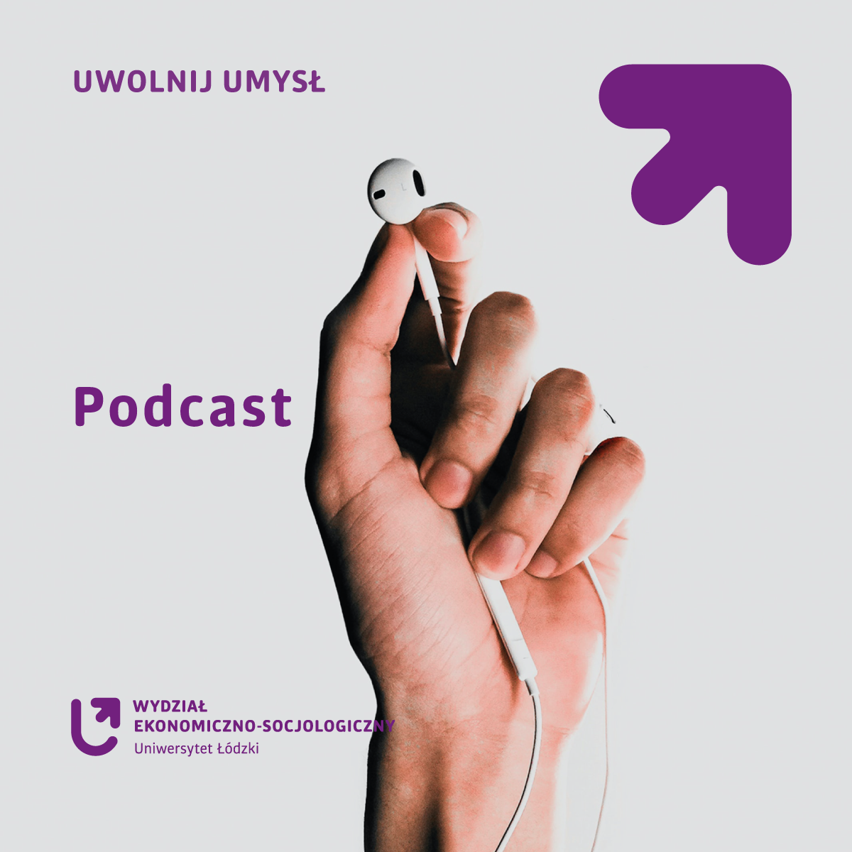grafika z dłonią trzymająca słuchawkę i napisem Podcast