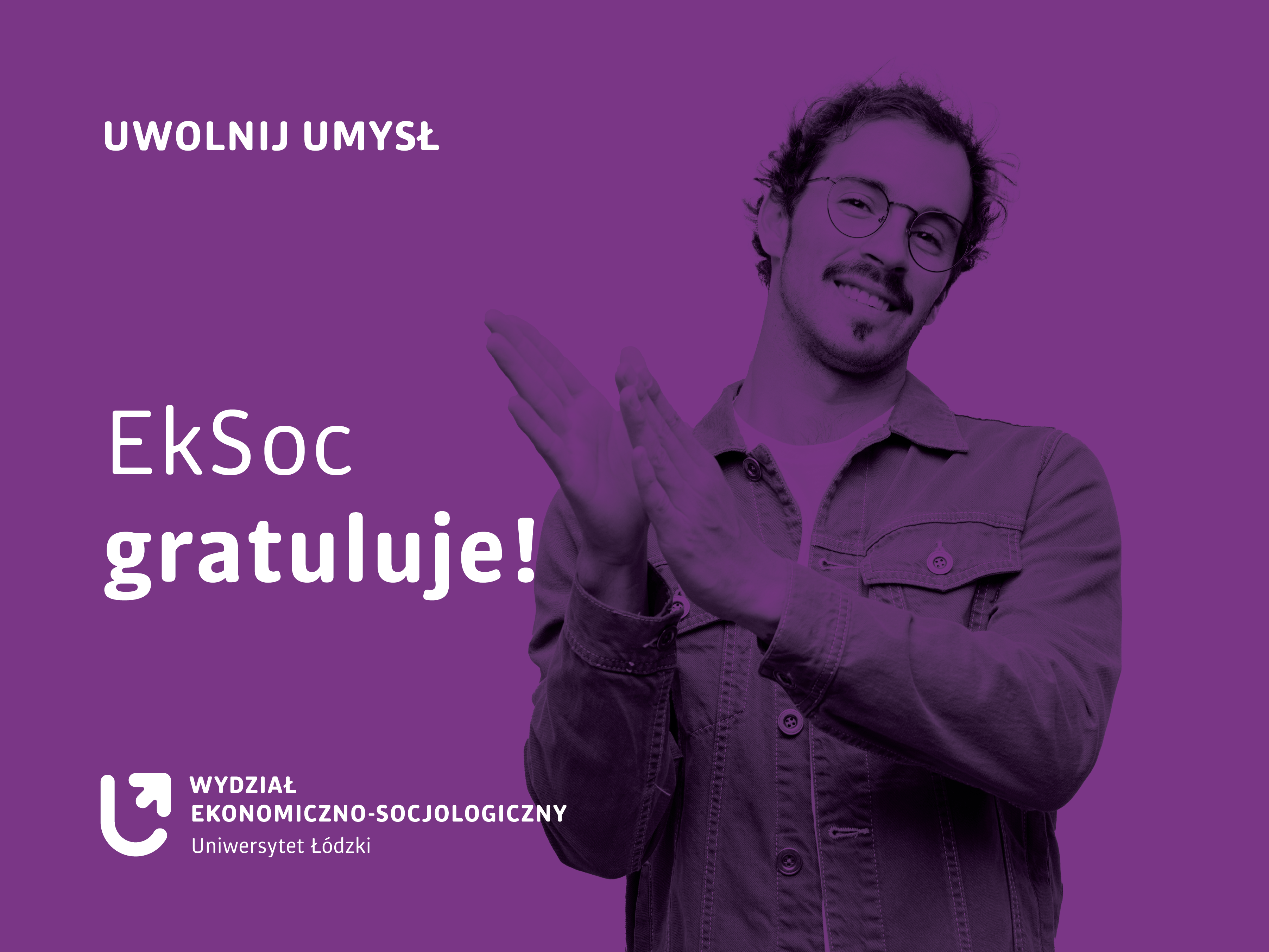 klaszczący mężczyzna i napis EkSoc gratuluje