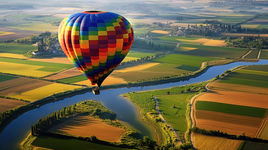 Kolorowy balon na tle łąk