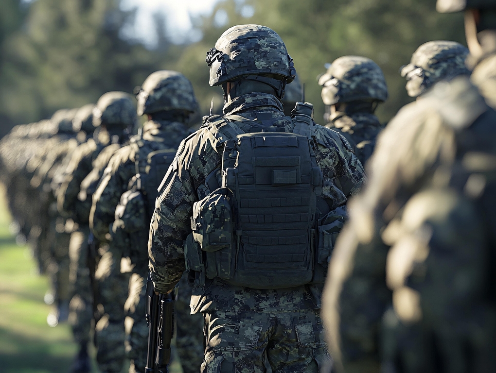 żołnierze w strojach wojskowych w szeregu, zdjęcie zrobione jak stoją tyłem 