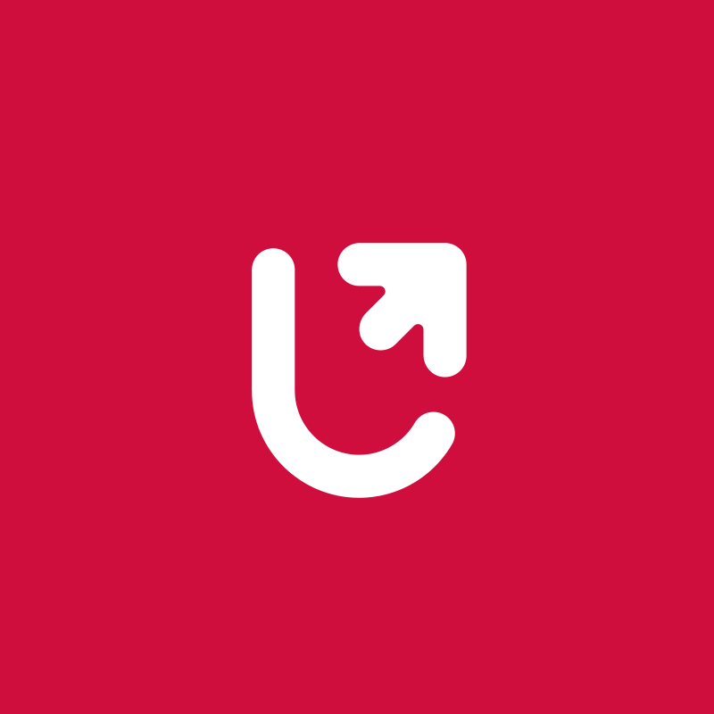 Białe logo w kształcie litery U ze strzałką na różowym tle