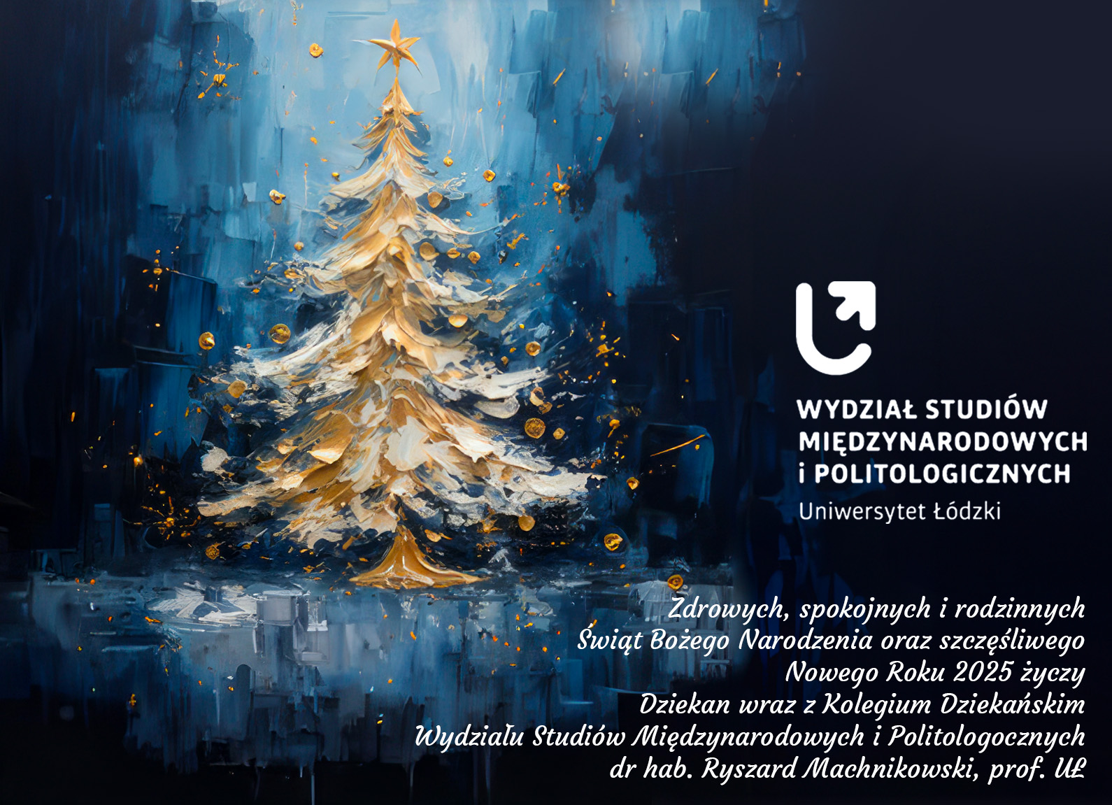 kartka świąteczna z życzeniami i rozświetloną choinką