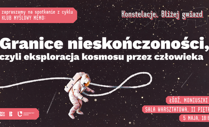 Baner informacyjny o wydarzenie w centralnej części kosmonauta unoszący się w kosmosie