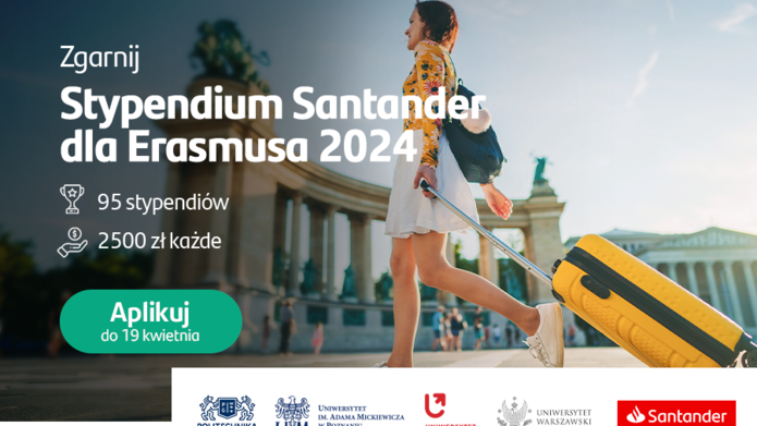 Grafika przedstawiająca studentkę z walizką. Tekst: zgarnij stypendium Santander dla Erasmusa 2024