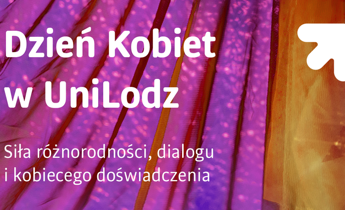 Grafika przedstawiająca abstrakcję przypominającą fragment tiulu w różnych odcieniach fioletu, z napisem mówiącym o dniu kobiet 