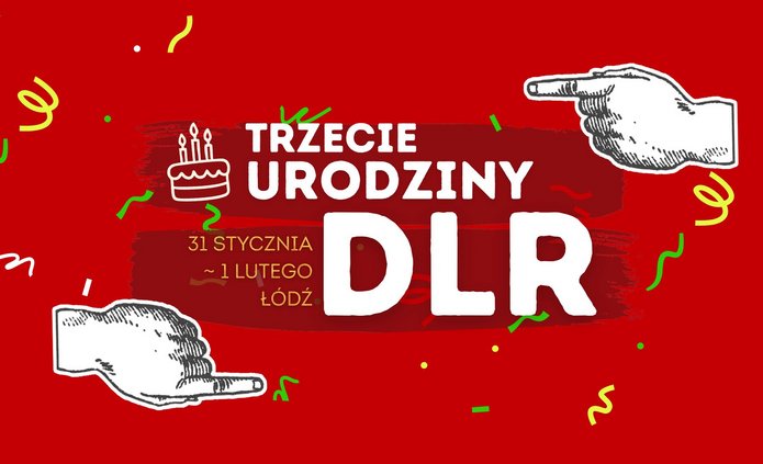 czerwone tło z napisem 3. urodziny podcastu DLR