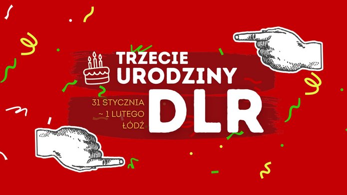 czerwone tło z napisem 3. urodziny podcastu DLR