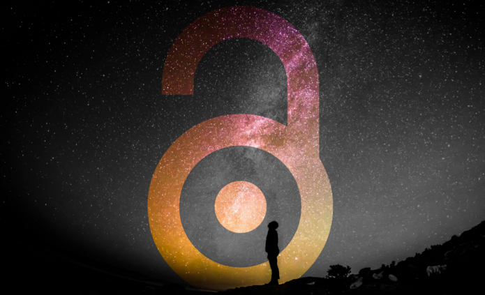 Otwarta kłódka (logo Open Access Week) na tle nieba.