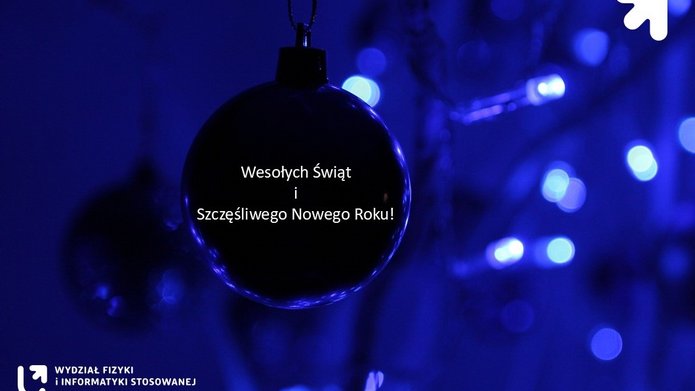 niebieskie tło, na kórym jest gałązka świerku i niebieska bombka z napisem: Wesołych Świąt i Szczęśliwego Nowego Roku