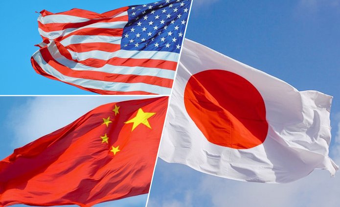 Flagi Stanów Zjednoczonych, Chin i Japonii