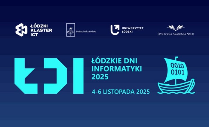 Grafika promująca wydarzenie „Łódzkie Dni Informatyki 2025”. Tło w odcieniach granatu i ciemnego błękitu. Na górze znajdują się logotypy organizatorów: Łódzki Klaster ICT, Politechnika Łódzka, Uniwersytet Łódzki oraz Społeczna Akademia Nauk. W centralnej części widoczny jest duży turkusowy skrót „ŁDI”, obok którego znajduje się napis: „Łódzkie Dni Informatyki 2025” oraz poniżej: „4–6 listopada 2025”. Po prawej stronie umieszczono prostą, graficzną ikonę turkusowego statku z żaglem, na którym widnieje zapis binarny 0010 0101, symbolicznie nawiązujący do informatyki i cyfrowości. Całość utrzymana jest w nowoczesnej, minimalistycznej stylistyce o chłodnej kolorystyce technologicznej.