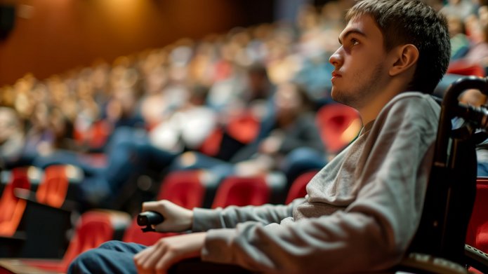 chłopiec na wózku inwalidzkim w teatrze