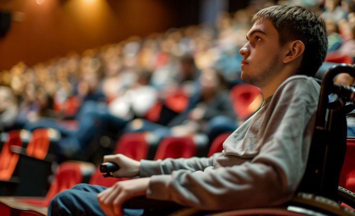 chłopiec na wózku inwalidzkim w teatrze