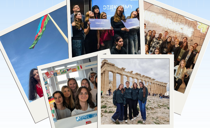 Promotional graphic AIESEC on a light blue grid background with logo “AIESEC Member” and “Join AIESEC” slogan “Start your international experience here!”. Below, collage of Polaroid-style photos showing groups of young people at events, holding certificates, standing together indoors, and visiting international locations including a monument resembling ancient Greek ruins and a national flag.