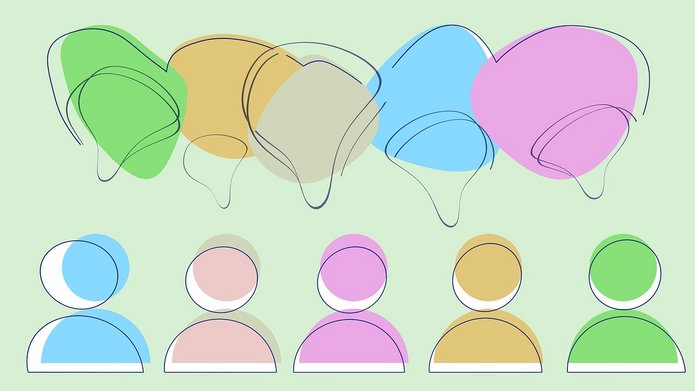 Na ilustracji widzimy pięć uproszczonych, kolorowych ikon przedstawiających postacie ludzkie – stylizowane na awatary. Każda z postaci ma inny kolor: niebieski, różowy, fioletowy, żółty i zielony. Nad każdą z tych postaci znajdują się kolorowe dymki rozmowy