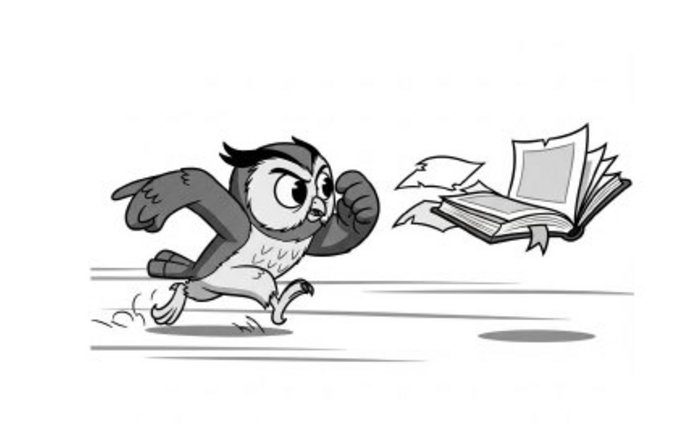 Rysunek z sową, która goni lecącą książkę.