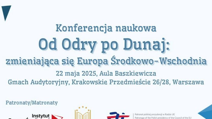 Grafika promująca konferencję zatytułowaną "Od Odry po Dunaj: nowe horyzonty współpracy w Europie Środkowowschodniej"