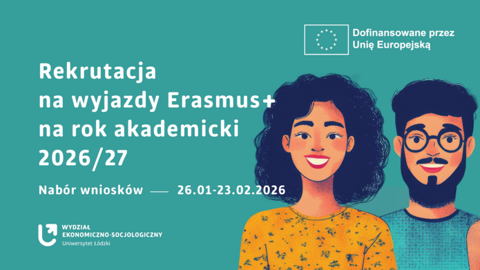 Napis Rekrutacja na wyjazdy Erasmus+ na rok akademicki 2026/27 i dwoje młodych ludzi w stylu rysnkowym