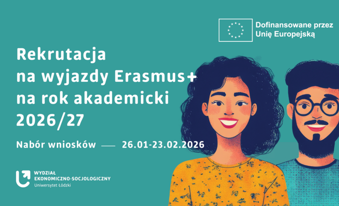 Napis Rekrutacja na wyjazdy Erasmus+ na rok akademicki 2026/27 i dwoje młodych ludzi w stylu rysnkowym