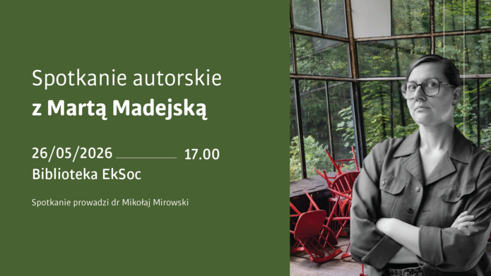 Marta Madejska i okładka książki, poprzewracane krzesła, zapuszczone wnętrzne