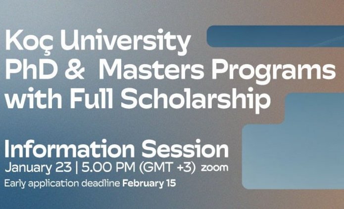 Fragment budynku z kampusu Koc University i tekst informujący o stypendiach