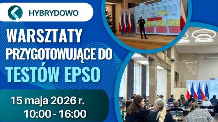 Plakat Ministerstwa Spraw Zagranicznych informujący o hybrydowych warsztatach przygotowujących do testów EPSO. Na grafice widoczne są zdjęcia sali szkoleniowej z uczestnikami oraz prelegenta prowadzącego prezentację na tle flag Polski i Unii Europejskiej. Główna informacja: „Warsztaty przygotowujące do testów EPSO – 15 maja 2026 r., godz. 10:00–16:00”. W programie: zadania numeryczne, abstrakcyjne i werbalne. Na dole znajduje się kod QR do zapisów oraz adres e-mail: kariera.ue@msz.gov.pl . W prawym dolnym rogu grafika z hasłem „Twoja kariera w UE”.