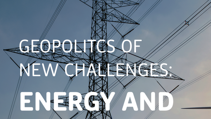 Plakat z wieżą wysokiego napięcia i panelami słonecznymi na tle nieba. Tekst: ‘Geopolitics of New Challenges: Energy and Security’. Na dole logotypy Uniwersytetu Łódzkiego, funduszy europejskich oraz Ministerstwa Nauki i Szkolnictwa Wyższego