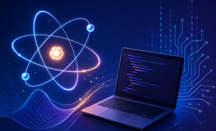 Grafika przedstawia nowoczesną, cyfrową ilustrację na ciemnogranatowym tle. Po lewej stronie widoczny jest świecący model atomu z orbitami i elektronami, symbolizujący fizykę. Po prawej stronie znajduje się laptop z ekranem przedstawiającym fragment kodu programistycznego, otoczony symbolami binarnymi (0 i 1) oraz elementami układów elektronicznych, nawiązującymi do informatyki. Pomiędzy atomem a komputerem biegną świetlne linie i fale, symbolizujące połączenie fizyki, informatyki, technologii i przepływu informacji. Dominują odcienie granatu, niebieskiego, fioletu i delikatnego różu. Grafika nie zawiera tekstu ani logo.