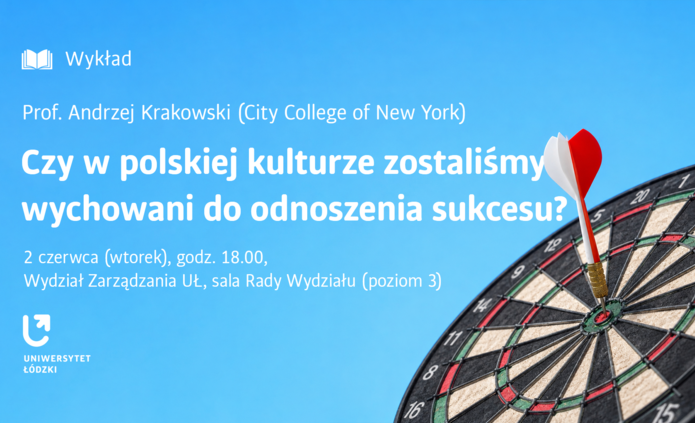 Baner z tytułem wykładu i tarczą na rzutki, gdzie rzutka jest dokładnie w centrum tarczy