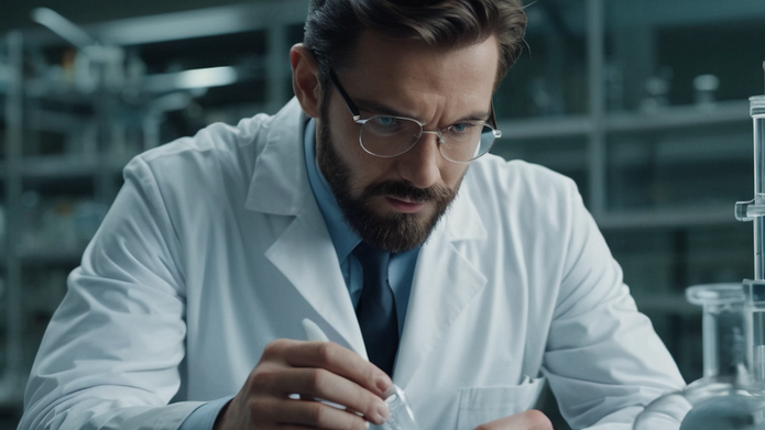 mężczyzna w białym fartuchu robiący badanie w laboratorium