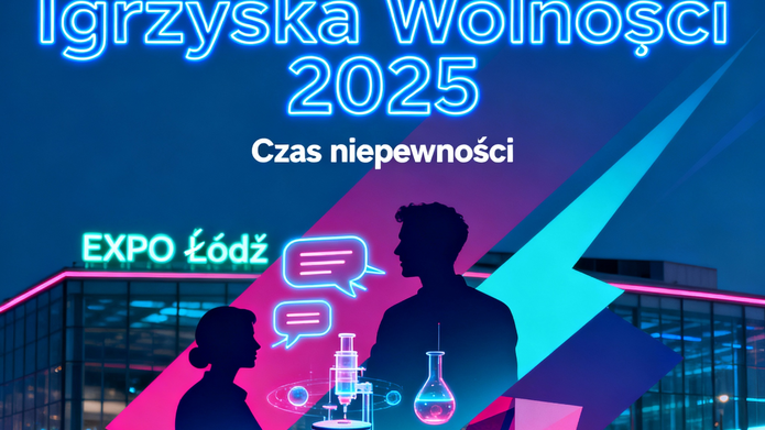 Futurystyczna kompozycja promująca Igrzyska Wolności 2025 w Łodzi przedstawia dynamiczne połączenie symboli nauki, sztuki i debaty publicznej. Na pierwszym planie znajdują się ludzie w trakcie dyskusji, a w tle widoczne są nowoczesne budynki EXPO Łódź otoczone abstrakcyjnymi elementami nawiązującymi do przemiany i niepewności – rozproszone światło, geometryczne kształty oraz pulsujące linie oddające temat przewodni „Czas niepewności”. Kolorystyka utrzymana jest w chłodnych, kontrastowych barwach, podkreślających intelektualny i inspirujący charakter wydarzenia.