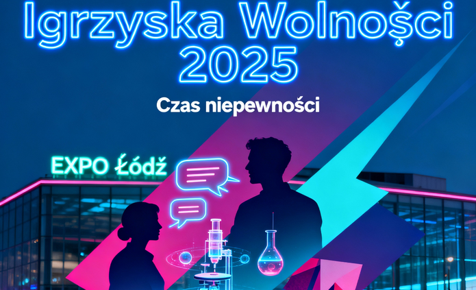 Futurystyczna kompozycja promująca Igrzyska Wolności 2025 w Łodzi przedstawia dynamiczne połączenie symboli nauki, sztuki i debaty publicznej. Na pierwszym planie znajdują się ludzie w trakcie dyskusji, a w tle widoczne są nowoczesne budynki EXPO Łódź otoczone abstrakcyjnymi elementami nawiązującymi do przemiany i niepewności – rozproszone światło, geometryczne kształty oraz pulsujące linie oddające temat przewodni „Czas niepewności”. Kolorystyka utrzymana jest w chłodnych, kontrastowych barwach, podkreślających intelektualny i inspirujący charakter wydarzenia.