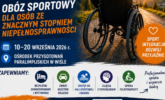 Plakat zaproszenia na obóz sportowy w Wiście. w doknej części QRkod przekierowujący do formularza zgłoszeniowego