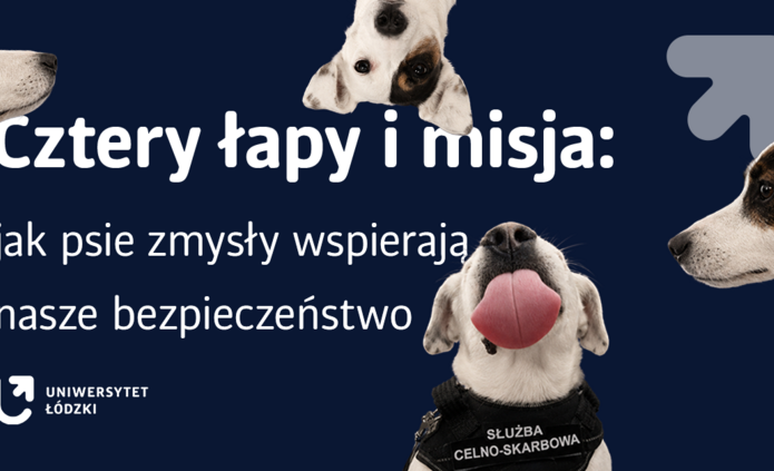Grafika przedstawia cztery psy w kamizelkach służbowych, opatrzona jest hasłem "Cztery łapy i misja..."