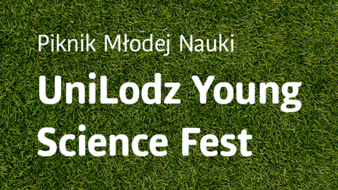 Grafika przedstawia trawnik z napisem Piknik Młodej Nauki UniLodz Young Science Fest
