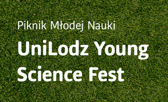 Napis: Piknik Młodej Nauki UniLodz Young Science Fest na tle zielonej trawy 