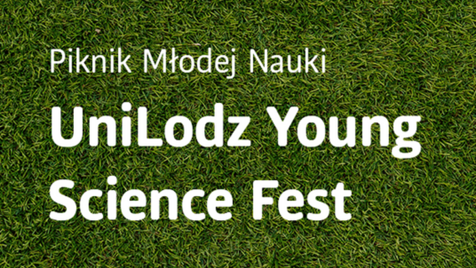 Napis: Piknik Młodej Nauki UniLodz Young Science Fest na tle zielonej trawy 