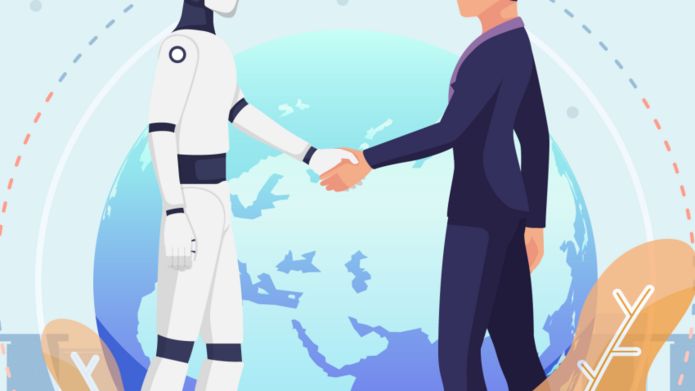 grafika przewodnia przedstawiająca człowieka oraz robota podających sobie ręce